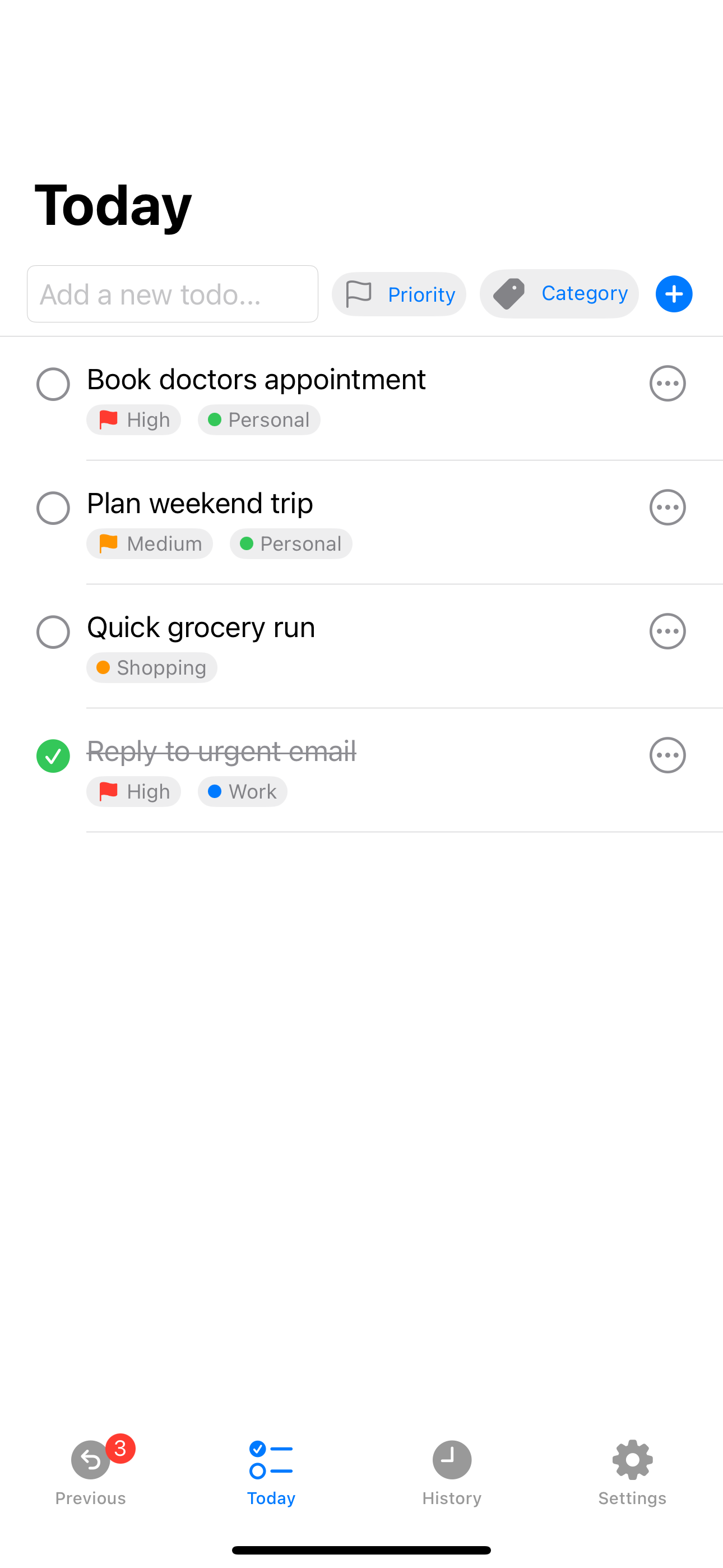 Main feature view of ToDoToday task organizer