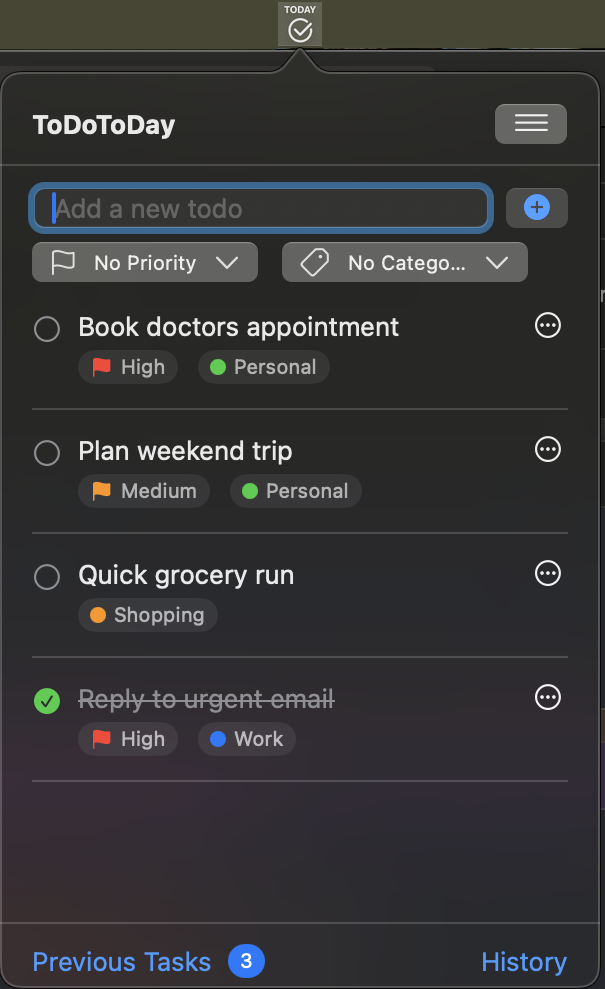 Clean user interface of ToDoToday daily planner on Mac, emphasizing focus